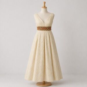 VTG Ceil Chapman Ivory Brocade Beaded Waist Evening Gown Dress Sz 8 1950s FLAW